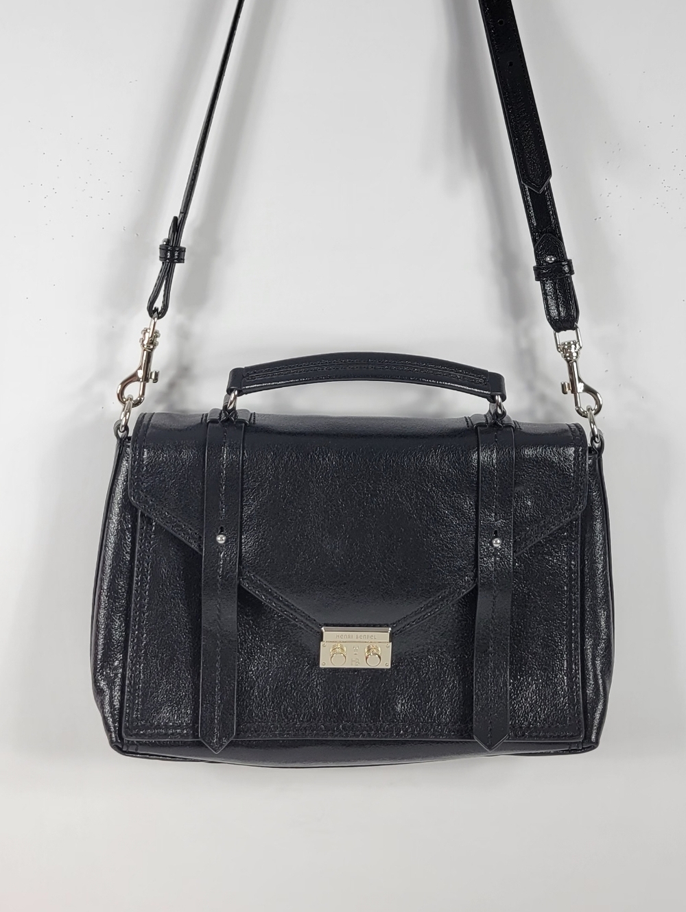 Henri Bendel Black Leather Top-Handle Satchel with Silver Hardware #821